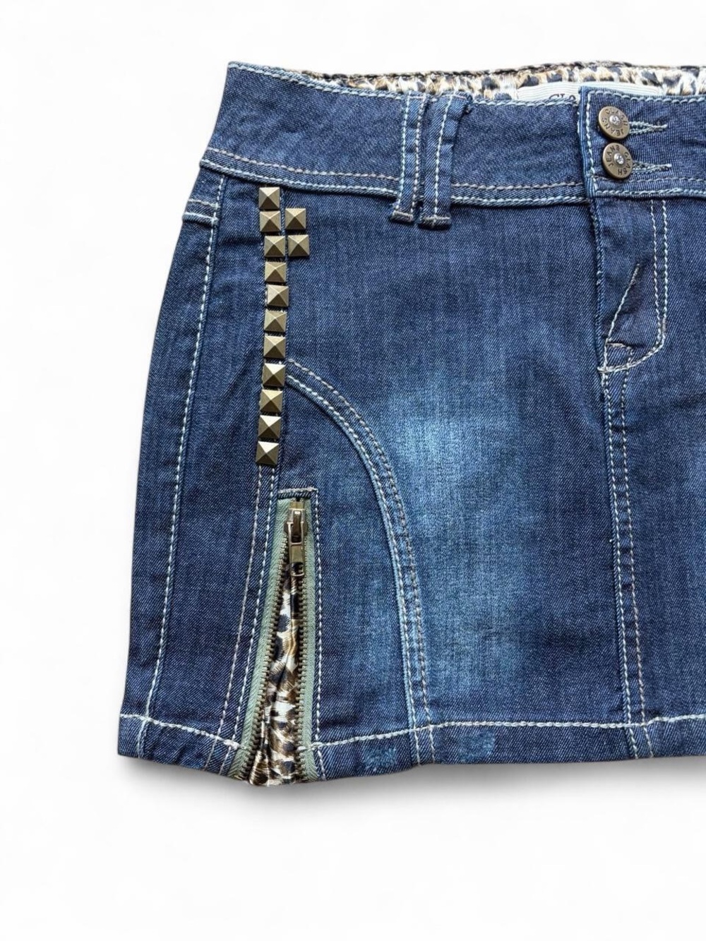 Vintage Y2K studded denim mini skirt zipper rhinestone S like diesel miss sixty - Picture 4 of 11
